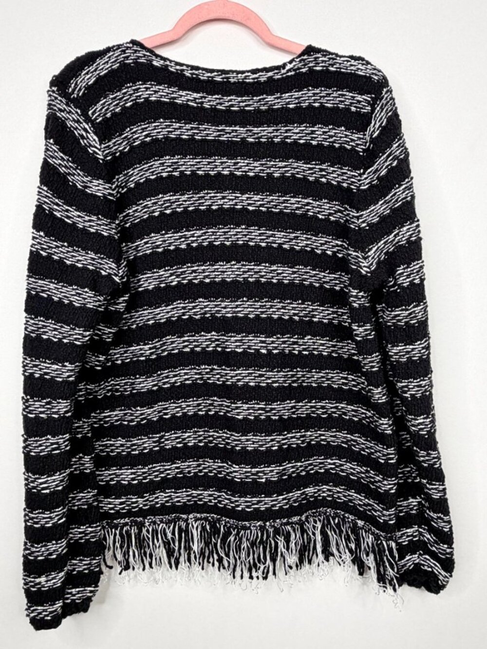 2/$30 Chico's Striped Fringed Hem Sweater Black White 16 #A4010 - Picture 4 of 7